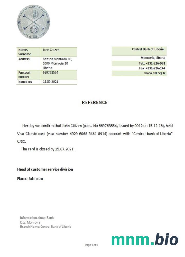 Przykład odniesienia do zamknięcia Banku Centralnego w Liberii w formatach Word i PDF